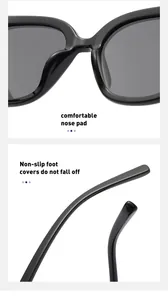 Detail view of comfortable integrated nose pads and non-slip temple tips of black sunglasses