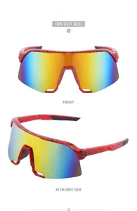 Detail view of red ink dot sports sunglasses with rainbow reflective cycling lenses