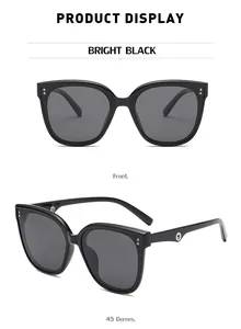Close-up of bright black cat-eye sunglasses featuring metal ring hinges in two angles