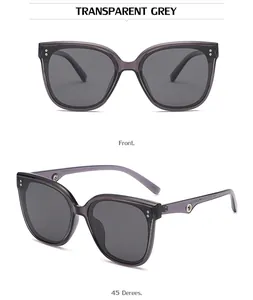 Transparent grey cat-eye sunglasses with polarized lenses and metal rivet accents