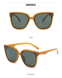 Detailed front and side views of orange cat-eye sunglasses with metal rivet accents