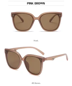 Front and 45-degree angle views of pink brown cat-eye sunglasses with metal rivets