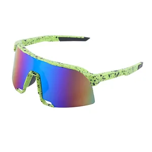 Outdoor cycling sunglasses with neon green splatter frame and gradient shield lens