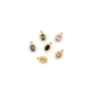 Set of six oval 18K gold plated pendants with colorful gemstones and zircon halo