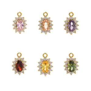 Macro detail of 18K gold plated oval zircon pendants in six colors for jewelry making