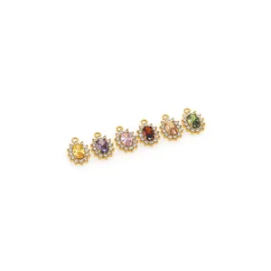 Set of six oval 18K gold-plated pendants with colorful zircons for DIY jewelry making