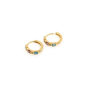 18K gold plated hoop earrings with evil eye enamel patterns and sparkling zircon stones