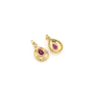 Vintage 18K gold-plated teardrop pendant with red stone and zircon pavé detailing