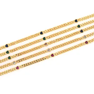 18K Vergoldetes Kupfer Bunte Herz Zirkonia Flache Panzerkette Für DIY Schmuckherstellung Halskette Armband Zubehör Zubehör