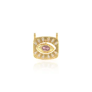 18K vergoldeter Evil Eye Anhänger mit rosa Stein und weißen Zirkonia im Baguetteschliff