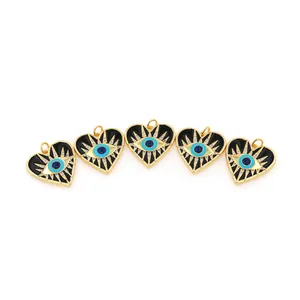 18K vergoldete Herz-Anhänger mit Bösem Blick, schwarzer Emaille und Zirkonia für DIY Schmuck
