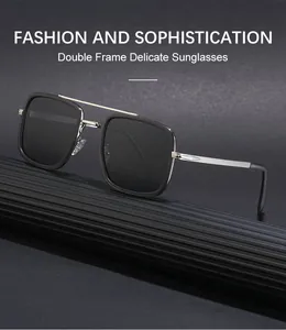 Detail of square vintage sunglasses with double bridge design and silver metal temples