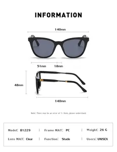 Size chart for unisex sunglasses showing frame width 140mm and PC material specs