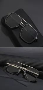 Detail view of square frame sunglasses with metal double bridge and dark lenses