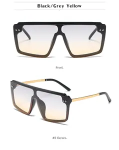 Détail de lunettes de soleil noires surdimensionnées avec verres dégradés gris jaune