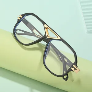 Steampunk aviator sunglasses with polygon black gold frame and geometric hollow temples
