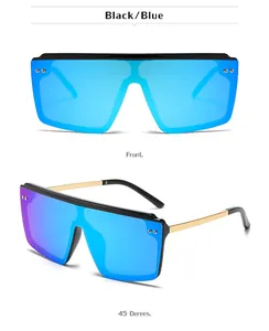 Vues de face et de profil à 45 degrés de lunettes de soleil oversize noires à verres bleus