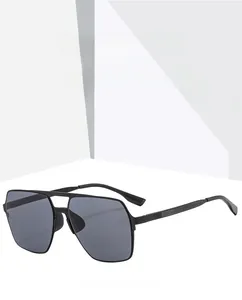 Detail view of square polarized sunglasses with matte black double bridge frame and grey lenses