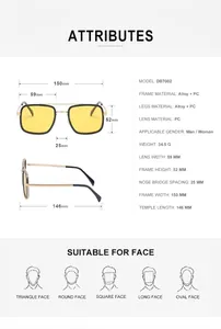 Detailed size chart for square sunglasses with 150mm frame width and alloy PC materials