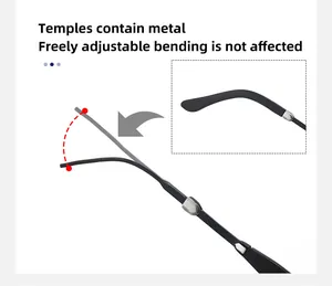 Detail of adjustable black sunglasses temple with flexible metal core and silver hinge