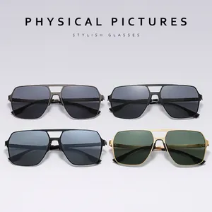 Detail view of four square polarized aviator sunglasses in gold, silver, and black frames