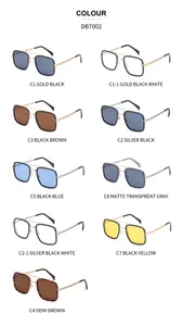Detailed catalog showing DB7002 square metal frame sunglasses in nine diverse color variants