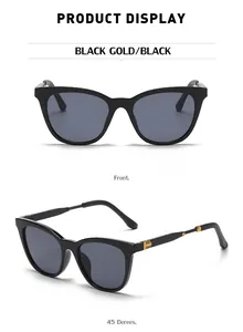 Front and 45-degree angle view of black cat-eye sunglasses with gold metal accents