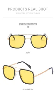 Front and side view of retro black and gold pilot sunglasses with transparent yellow lenses