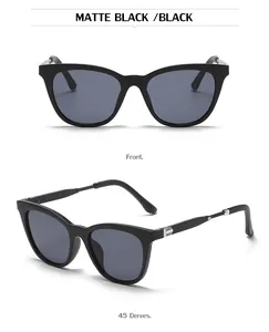 Front and 45-degree views of matte black cat-eye sunglasses with silver metal accents