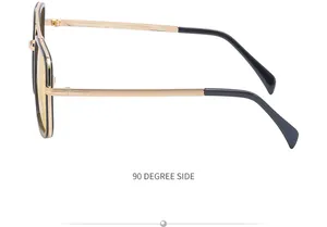 90-degree side view of square sunglasses with gold metal temples and black tips