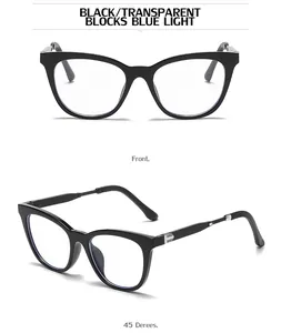 Front and 45-degree views of black cat-eye blue light blocking glasses with silver trim