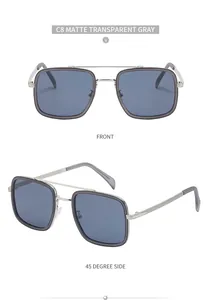 Front and 45 degree side view of matte transparent gray square frame sunglasses