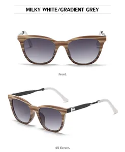 Front and 45-degree angle detail of milky white cat-eye sunglasses with gradient grey lenses