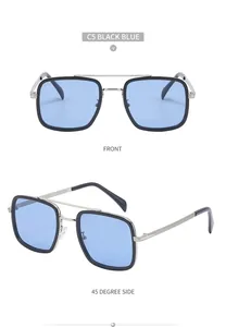 Front and 45-degree side view of square frame sunglasses with blue lenses and black-silver frame