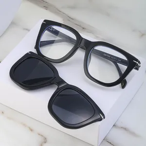 Lunettes de soleil rétro carrées à clip magnétique avec monture noire et anti-lumière bleue