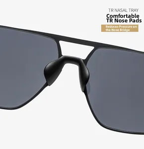 Detail view of comfortable TR nasal tray on square polarized sunglasses for pressure relief