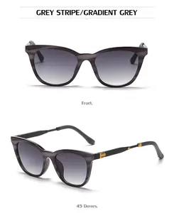 Front and 45-degree side views of grey stripe cat-eye sunglasses with gradient lenses