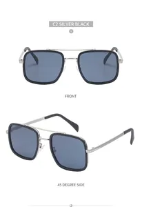 Front and 45-degree side view of square oversized sunglasses with silver metal double bridge