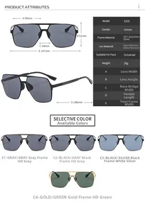 Size chart showing dimensions and specs of square polarized stainless steel sunglasses