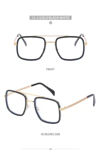 Close-up of square black and gold metal frames from front and 45-degree angles