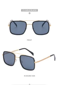 Front and 45-degree side view of square gold-black frame sunglasses with metal double bridge