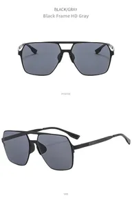 Detail view showing black square metal polarized sunglasses with HD gray lenses and side temples