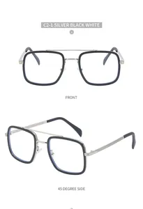 Detail view of square double bridge sunglasses in silver and black metal frame