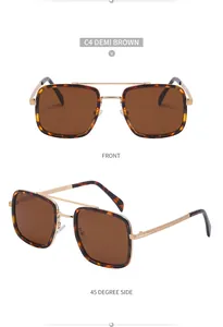 Detailed front and 45-degree views of demi brown square sunglasses with gold metal temples