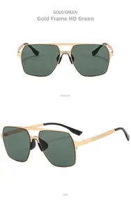 Detailed views of gold frame square polarized sunglasses with high definition green lenses