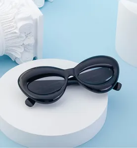 Detailed top view of thick black frame sunglasses with model specifications on the temple