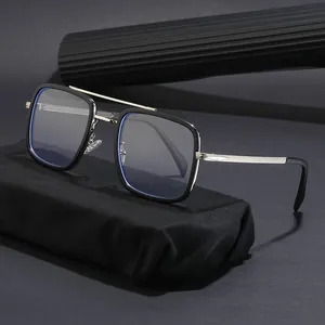 Fashionable square frame anti-blue light glasses with silver double-bridge and black finish
