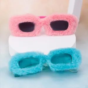 Chic fuzzy faux fur rectangular sunglasses in pink and cyan blue for y2k party fashion