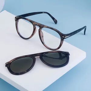 Retro tortoiseshell anti-blue light glasses with magnetic sunglasses clip-on lens