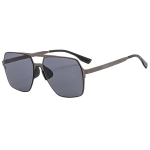 Classic gunmetal square polarized sunglasses with a double-bridge metal frame for men